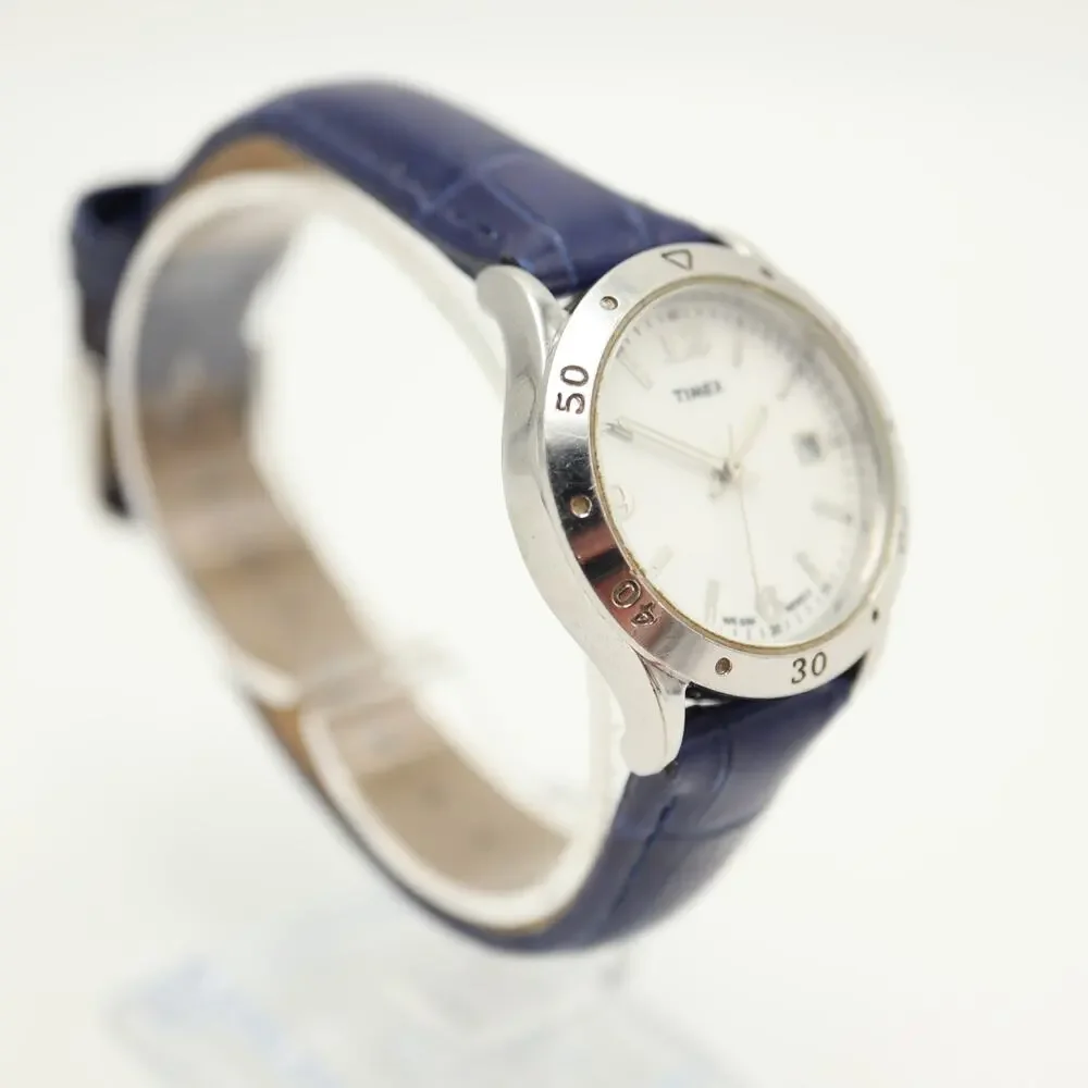 Timex Indiglo Silver Tone Date 29mm Womens Watch Blue Leather w New Battery